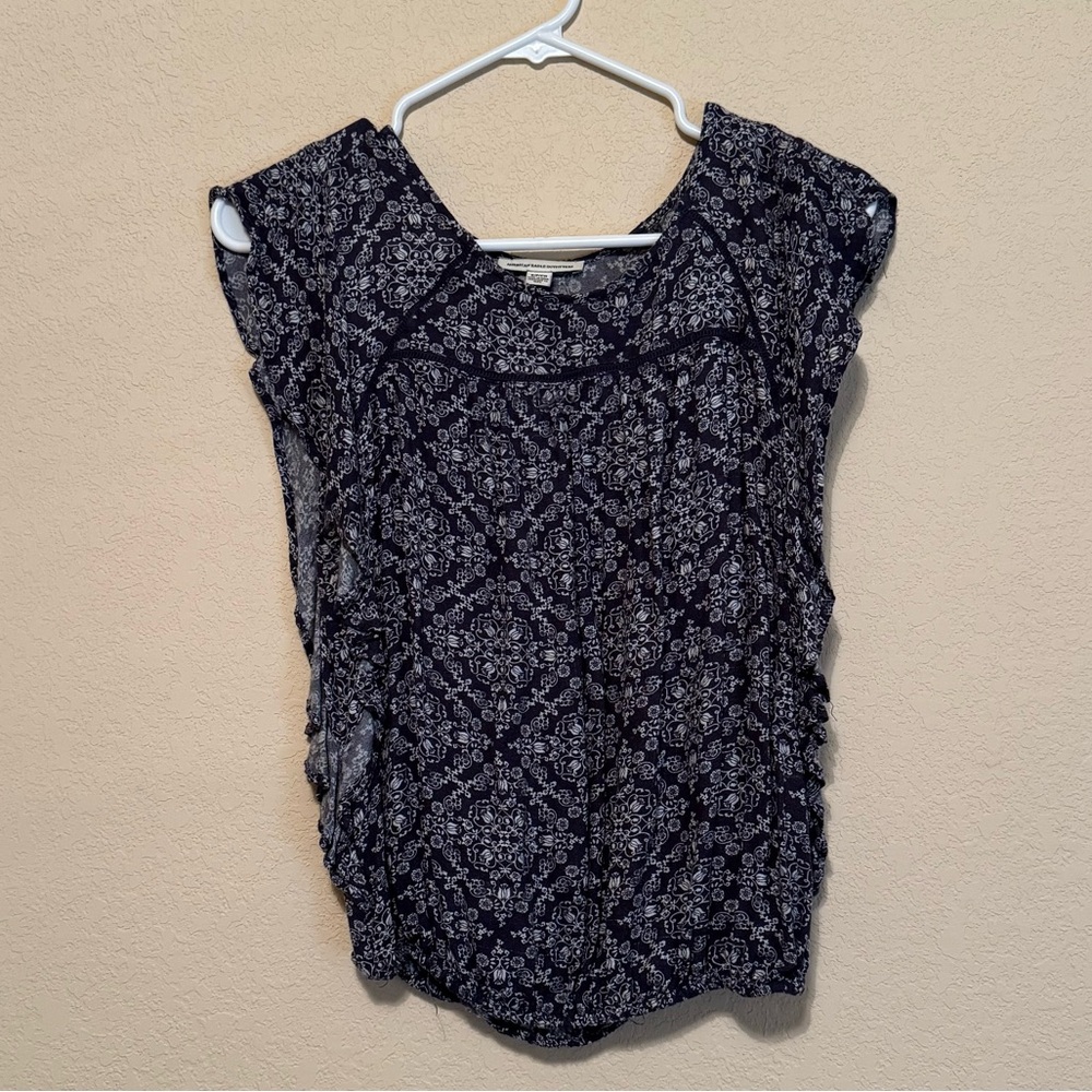 Women's Navy Patterned Cap-Sleeve Top